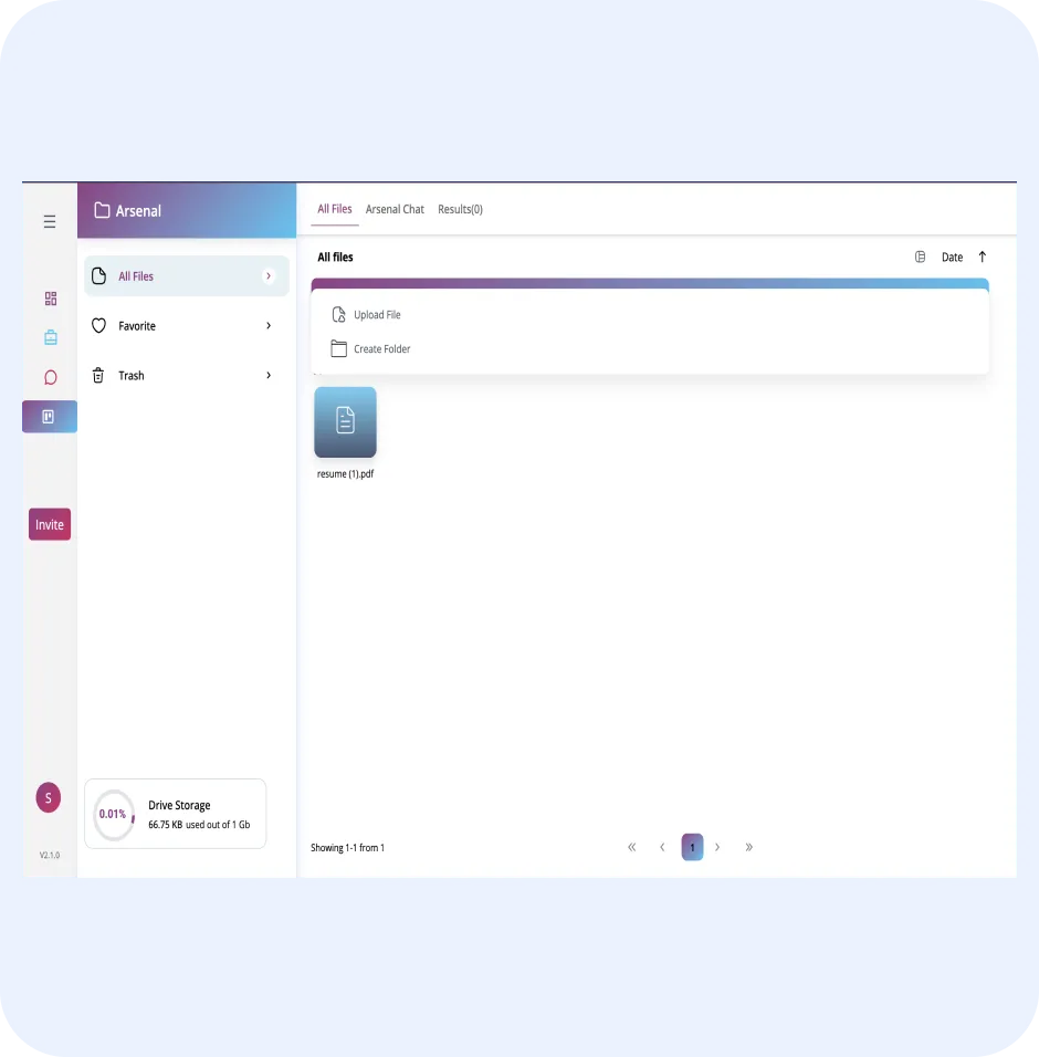 Arsenal AI document management interface displaying file upload options and a selected PDF file named "resume.pdf" on a blue background.